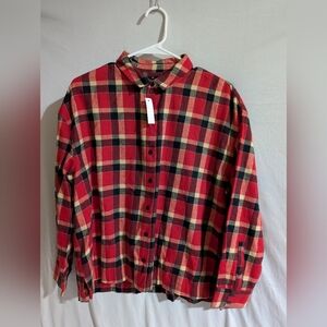 NWT Madewell Medium Easy Fit Plaid Brushed Flannel Shirt Red Black Cream